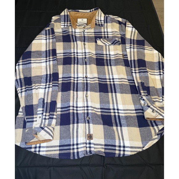 Legendary Whitetails Other - Legendary Whitetails Buck Camp Flannel Shirt Navy Tan Plaid XL Corduroy Trim